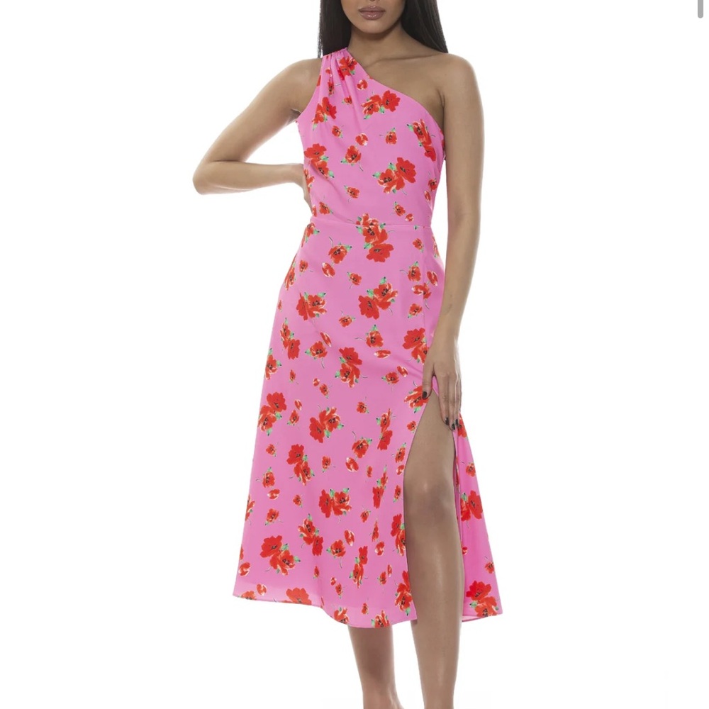 One-Shoulder Pink Floral Midi Dress with Side Slit
